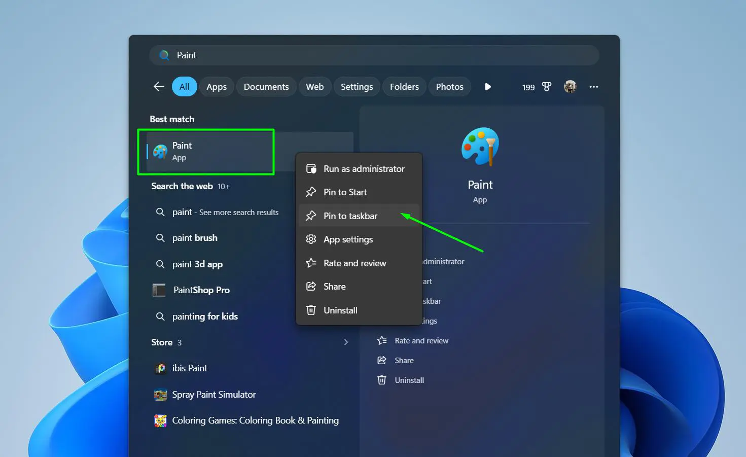 Search for Paint, right-click the result, then select Pin to taskbar or Pin to Start for quick access