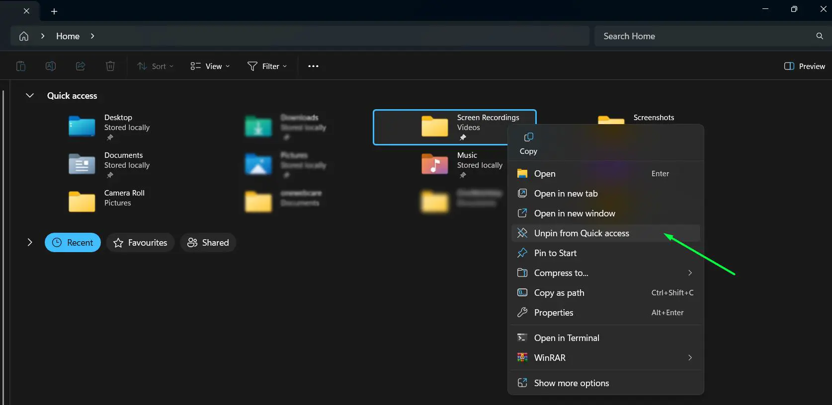 To remove a pinned folder, right-click it in the Quick Access section and select ‘Unpin from Quick access’